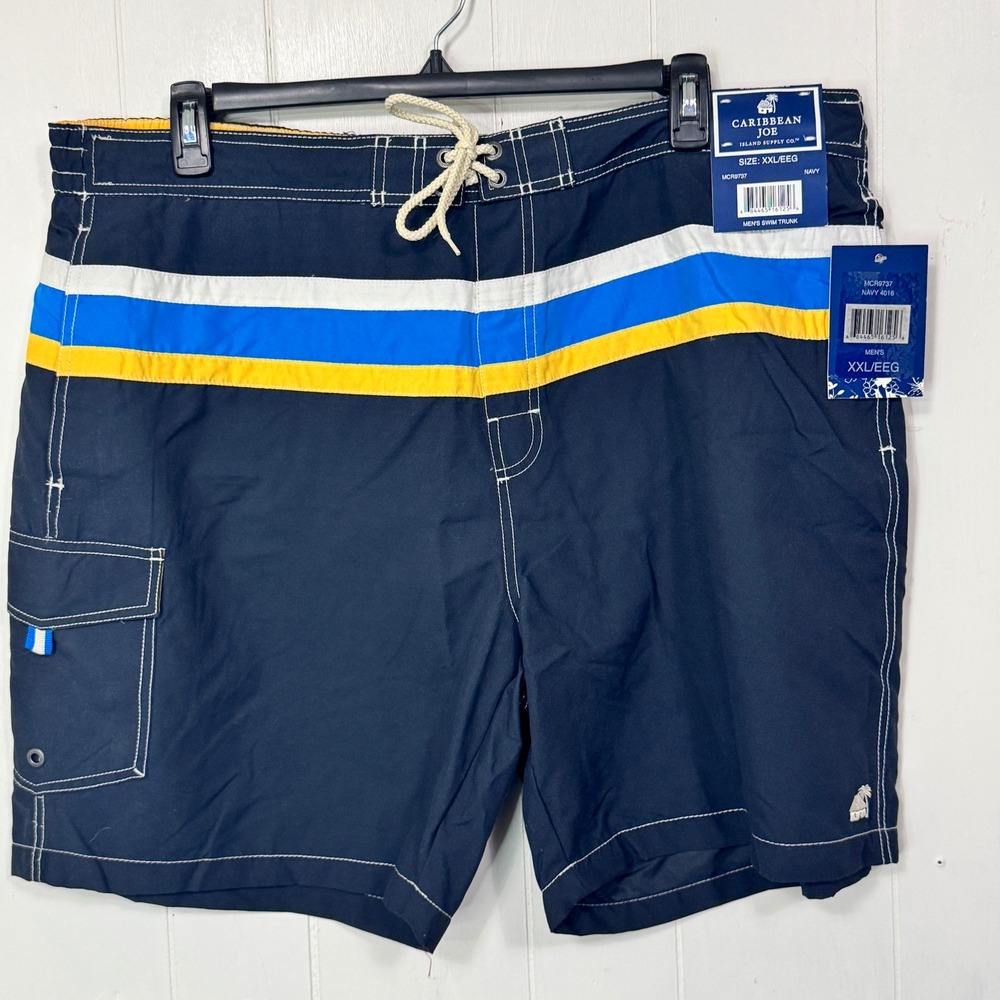 Caribbean Joe Mens XXL Navy Swim Shorts Trunks‎ Striped Drawstring Swimwear New